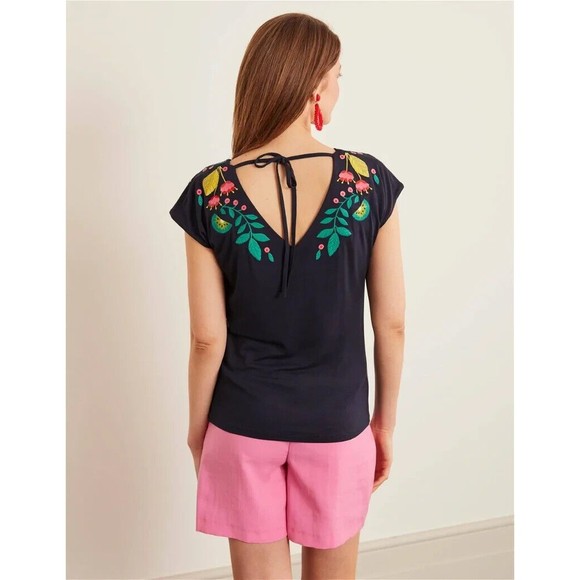 Boden Marcia Festival Boho Flamingo Embroidered V Neck Top Size 6  Shirt Blue - Picture 6 of 7